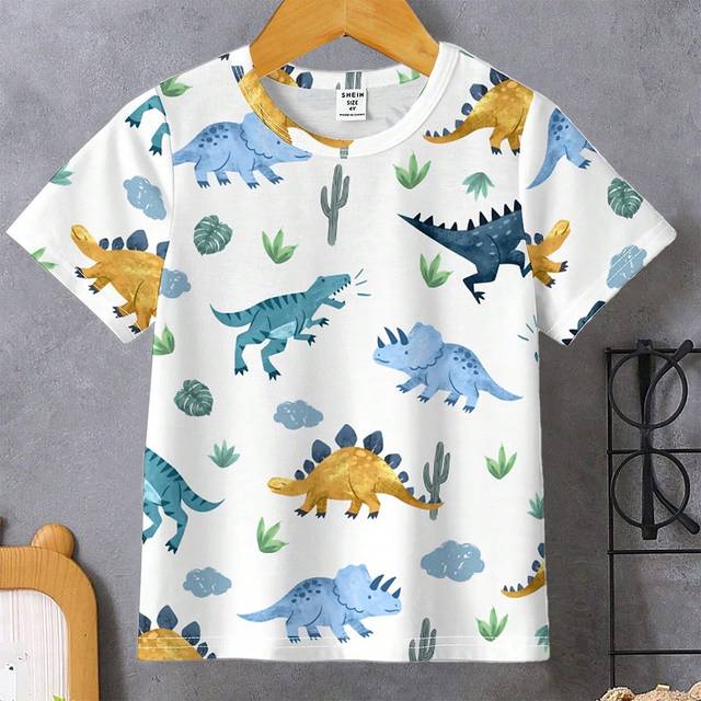 SHEIN Young Boy Casual Simple Dinosaur Cartoon Printed Short Sleeve Round Neck T-Shirt, Summer