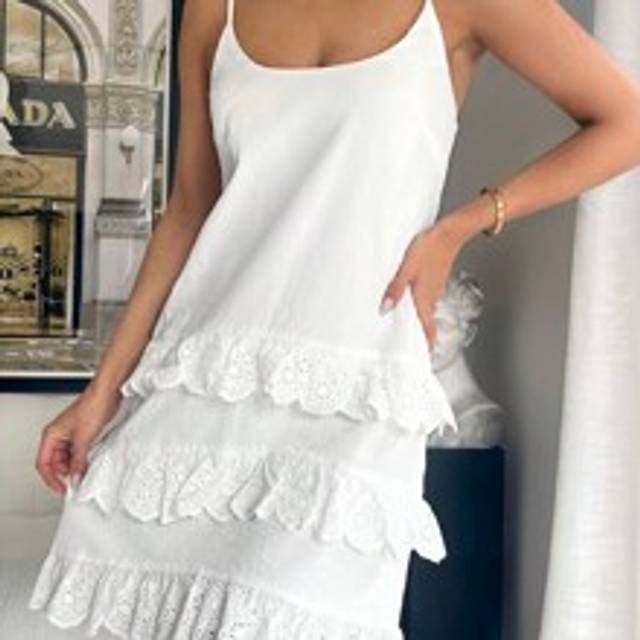 Damer sommar Casual Vit broderad miniklänning med volanger - Vitt (L,M,S,XS)