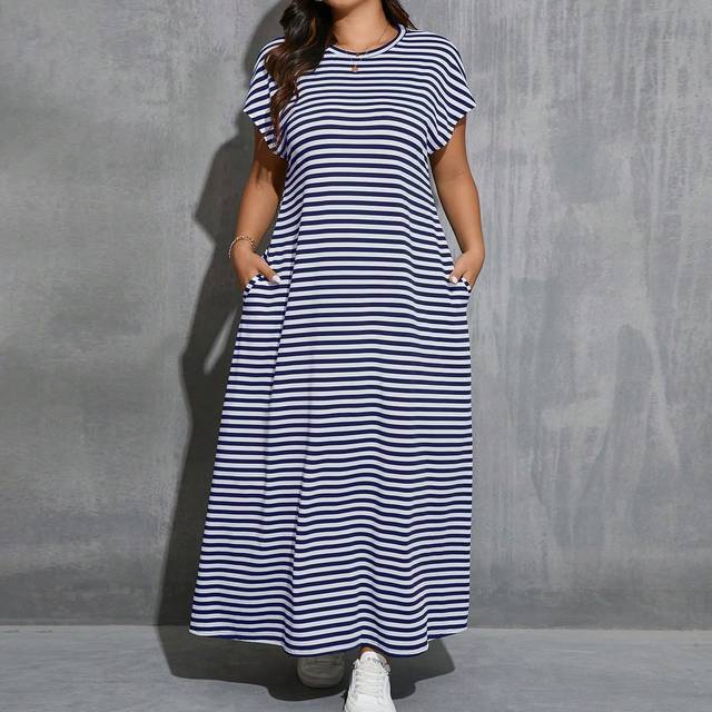 SHEIN Plus Size Women&#39;s Round Neck Waisted Blue & White Striped Side Pocket Short Sleeve Dress, For Summer