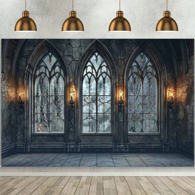SHEIN 1pc Vintage Castle Wall Backdrop - Large Polyester Photography Prop With Stone Arched Door And Windows Design - Perfect For Studio, Party, Wedding, An