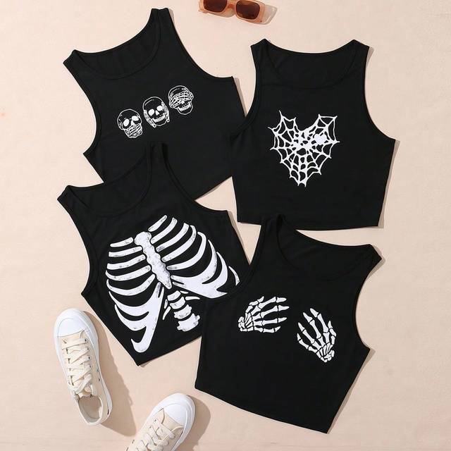 INAWLY Plus Size Summer Fashion Halloween Rock Punk Skeleton Printed Crop Tank Top Graphic Tees Women Tops