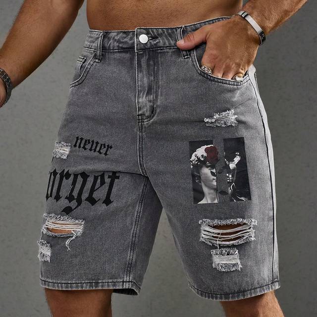Manfinity Men&#39;s Letter Printed Distressed Denim Shorts With Pockets