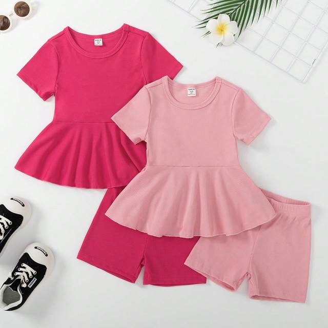 SHEIN 2pcs/Set Girls Toddler Young Girl Mexican Patterned Short Sleeve T-Shirt And Bike Shorts, Summer