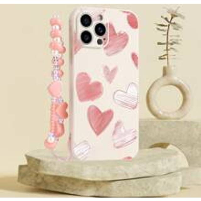 1 st rosa TPU kärleksmönster Anti-Fall telefonfodral och 1 st rosa hjärta handrem Kompatibel med IPhone-fodral/matchande telefonfodral/telefonfodral m (Multi-size)