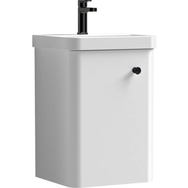 Curve Wall Hung 1 Door Vanity Basin Unit - 400mm - Gloss White with Black Round Handle (Tap Not Included)