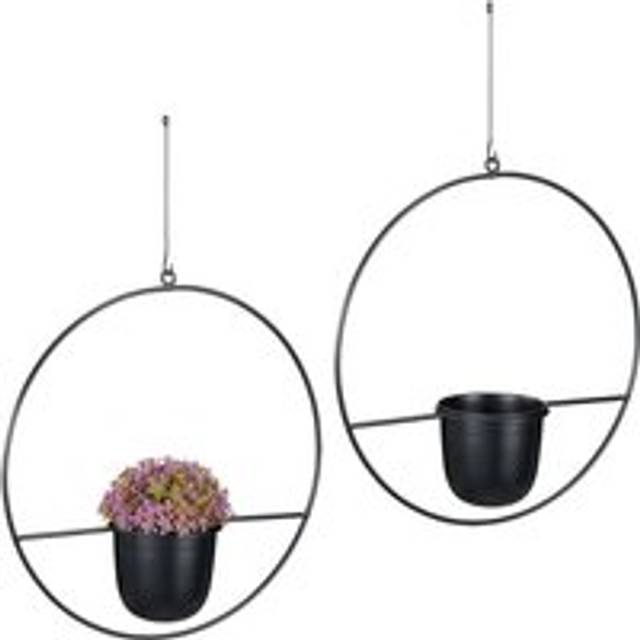 Relaxdays - Hanging Basket, Set of 2, ø 34.5 cm, Metal, Flower Pot, for Indoors & Outdoors, Decorative, Garden, Black
