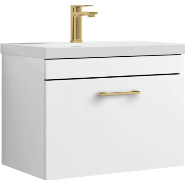 Rio 1 Drawer Wall Hung Vanity Basin Unit - 600mm - Gloss White with Brushed Brass D Handle (Tap Not Included)