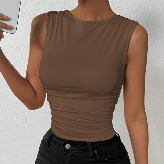 Calvaya Solid Ruched Tank Top For Summer