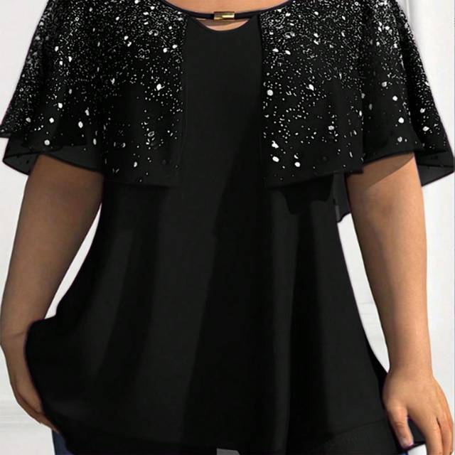 SHEIN Plus Size Women&#39;s Summer Sparkling Printed Round Neck Cape Sleeve Loose Elegant Blouse