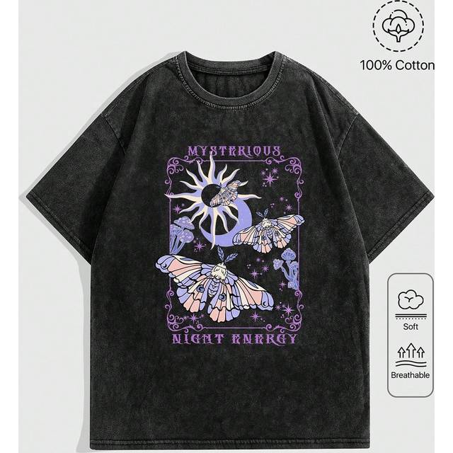 ROMWE Women&#39;s Moth Sun And Moon Printed Random Tie-Dye Snowflake T-Shirt, School