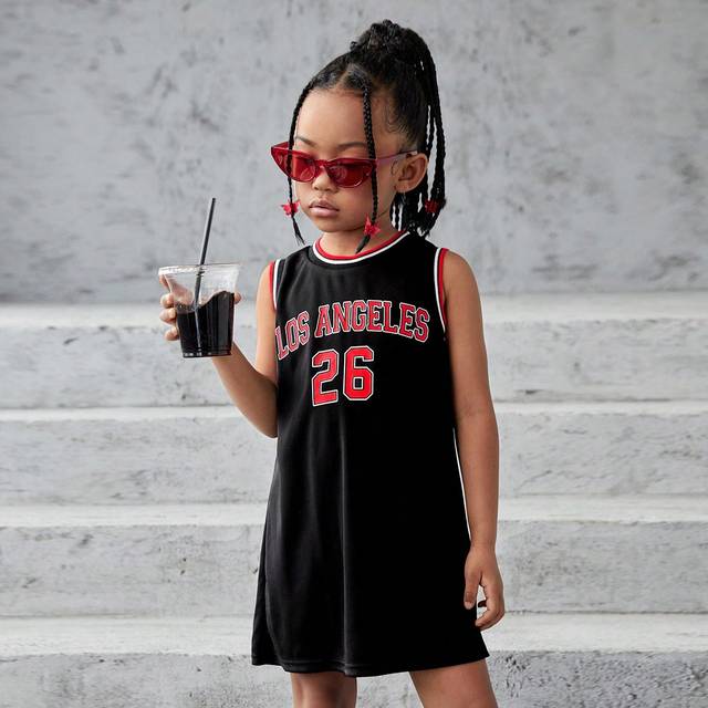 SHEIN Young Girl Knitted Plain Letter Pattern Sleeveless Loose Casual Dress With Round Neck