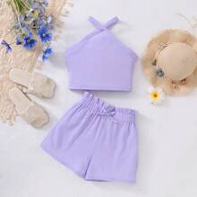 Tween flickstickad enfärgad ärmlös topp med halsband och lösa shorts Casual outfit - Mauve Lila (8Y,9Y,10Y,11Y,12Y)