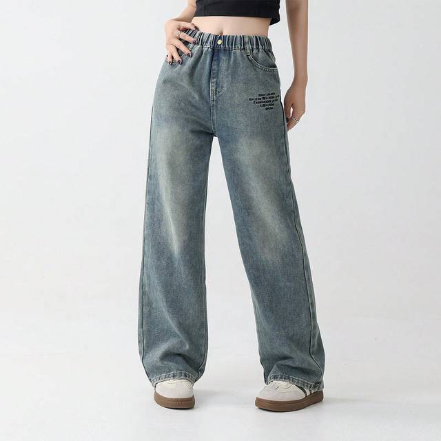 SHEIN Tween Girl Elastic Waist Vintage Letter Print Wide Leg Straight Loose Washed Denim Jeans