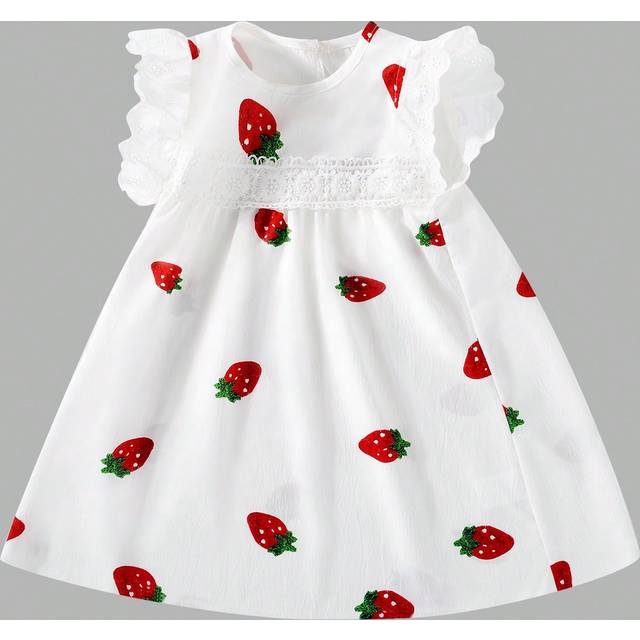 SHEIN Embroidered Strawberry Pattern Lace Trimmed Cap Sleeve Dress For Young Girls