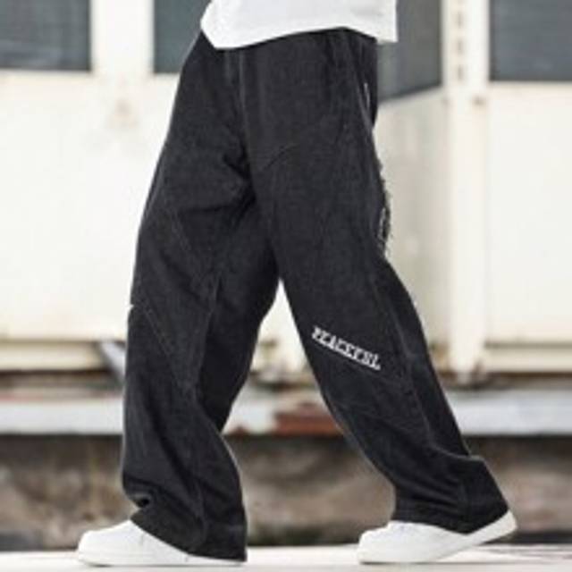 Mäns brevtryckta jeans jeans med breda ben och lös passform med fickor - Svart (L,M,S,XL,XS,XXL)