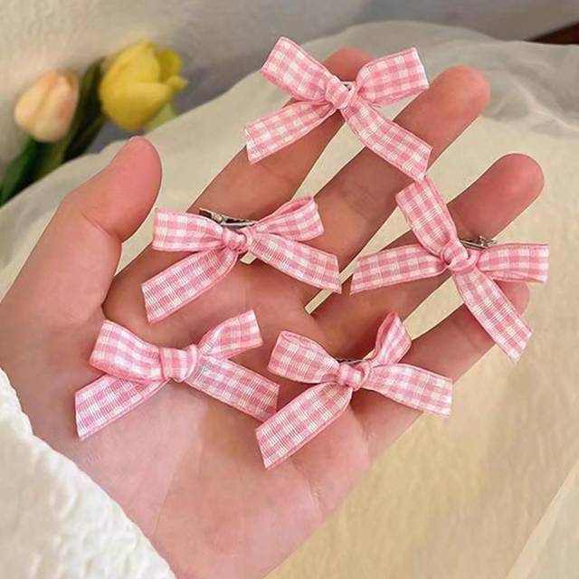 SHEIN 5pcs Plaid Ribbon Bow Mini Hair Clip For Girls, Fresh Style, Small Size, Alligator Hair Clip