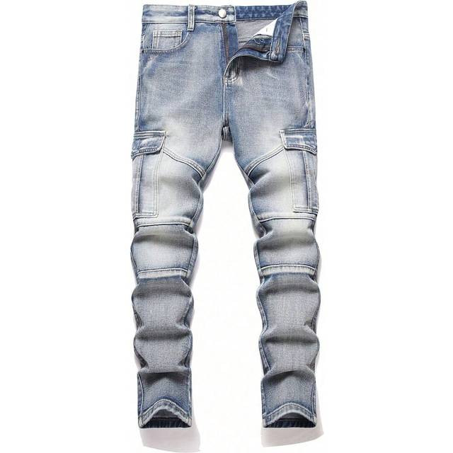 SHEIN Teen Boy Vintage Blue Straight Leg Jeans With Side Cargo Pockets