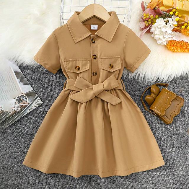 SHEIN Young Girl Fashion Collared Single-Breasted Short Sleeve Shirt Dress, Summer