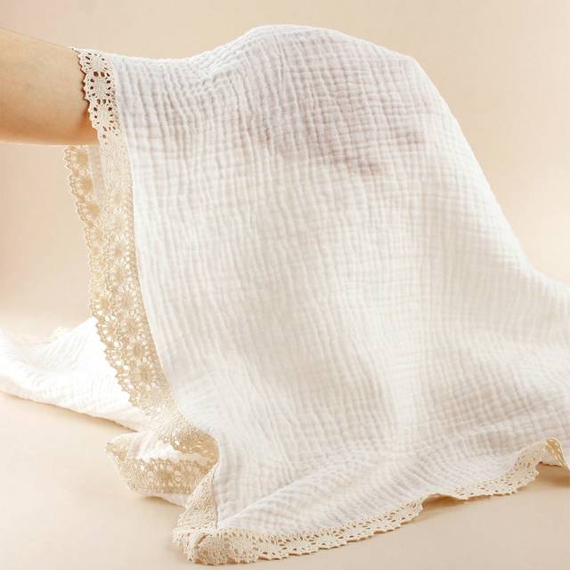 SHEIN 1pc Baby Toddler Soft And Breathable White Gauze Thin Blanket With Lace Edge, Multipurpose: Swaddle Blanket, Stroller Sunshade Cover, Bath Towel, Nurs
