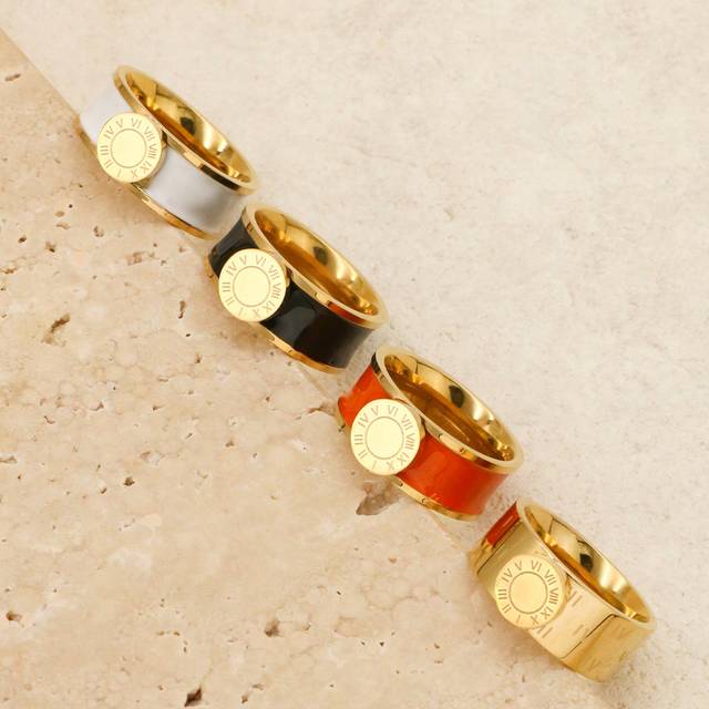 SHEIN 1 Piece Classic Stainless Steel Roman Digital Women Ring Flat Tray Design Gold Black White Orange Four Color Rings For Women Men