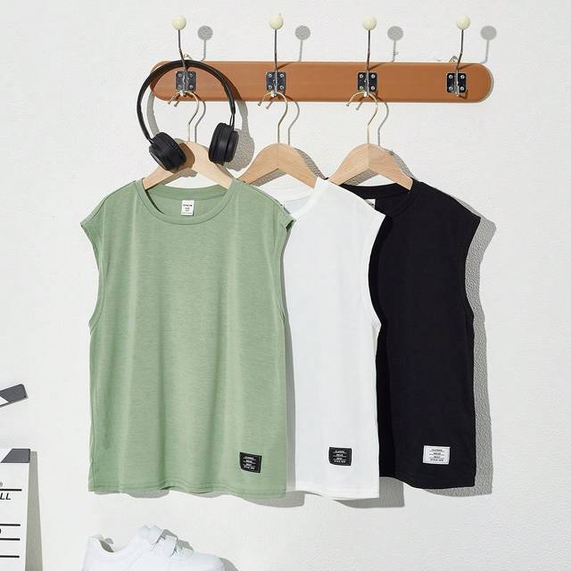 SHEIN Tween Boy 3pcs/Set Summer Knit Loose Fit Round Neck Letter Patched Tank Top