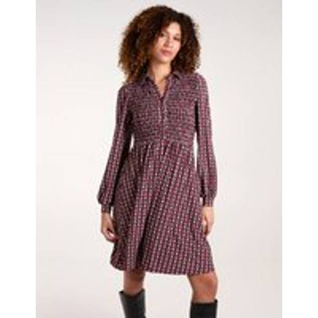 Shirred Bust Long Sleeve Mini Shirt Dress - L / RED