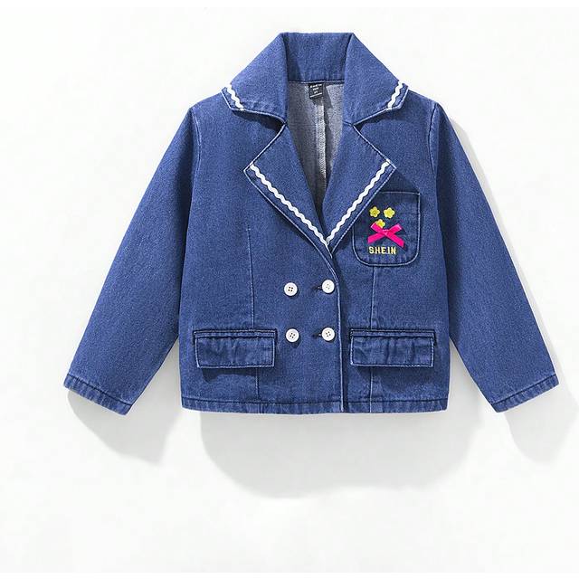 SHEIN Young Girl Floral Embroidered Denim Jacket With Round Neck Collar.