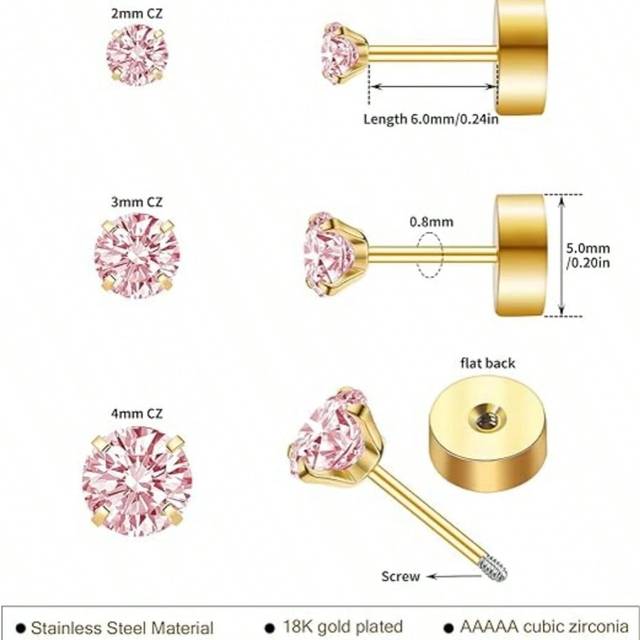 SHEIN Handmade Flat Back Earrings: 3 Pairs Of 18K Gold Plated Screw-Back 2, 3, 4mm Square Crystal Cubic Zirconia Ear Studs, Cartilage Piercing Jewelry For W