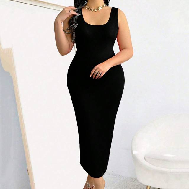 Sason Plus Size Women&#39;s Summer Solid Color Slim Fit Long Tank Dress Maxi Women Outfit