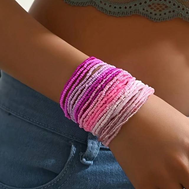 SHEIN 30pcs Bohemian Retro Style Elastic Beaded Bracelets For Women, Multilayered Ombre Woven Bracelets, Fashionable Holiday Accessories