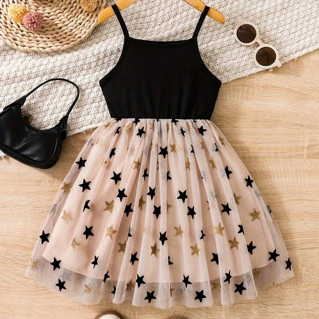 SHEIN Young Girl Summer Starry Mesh Tutu Dress With Spaghetti Straps