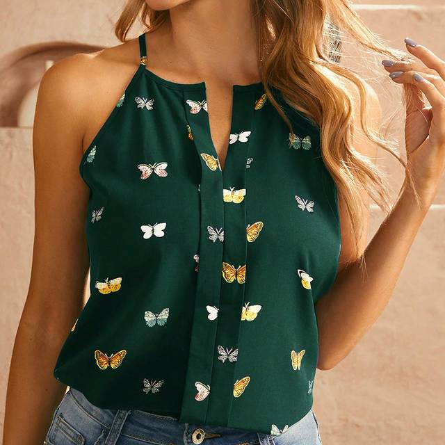 SHEIN Woven Women&#39;s Butterfly Print Halter Neck Tank Top