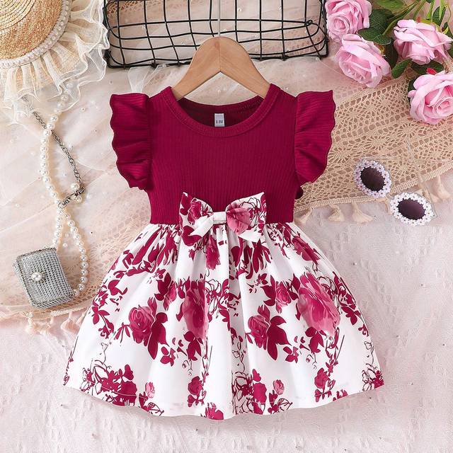 SHEIN Baby Girl Summer Ruffled Sleeve Floral Patchwork Dress