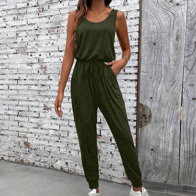 Greathe Summer Sleeveless Solid Color Cinched Waist Jumpsuit For Casual Wear