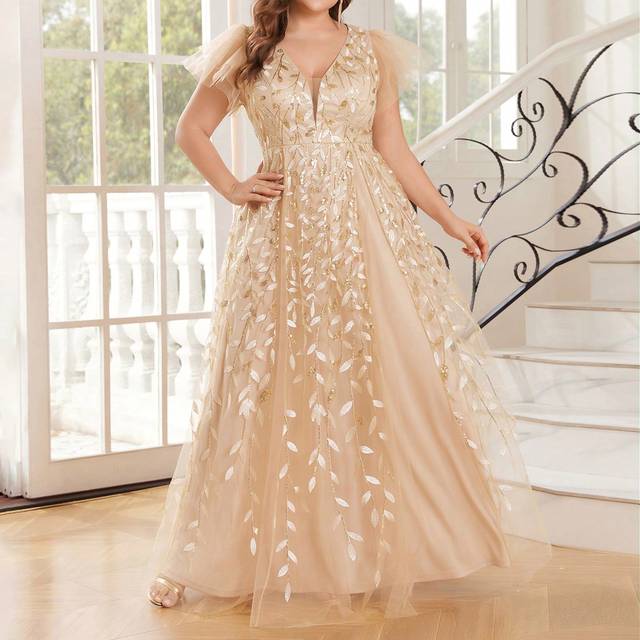 SHEIN Plus Size Gold Prom Dress Quiet Luxury Floral Sequin Gradient Embroidered Mesh Sundress Elegant Evening Dress Formal Wedding Guest Gown, For Graduatio