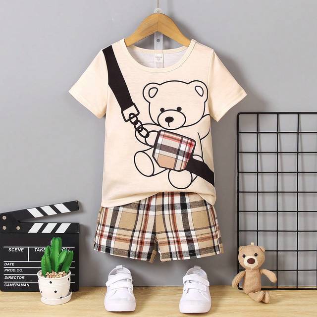 SHEIN 2pcs/Set Young Boy Cute Bear Print Short Sleeve T-Shirt And Plaid Shorts Set, Comfortable Summer Getaway, Holiday, Travel, Relax, Sunbathing