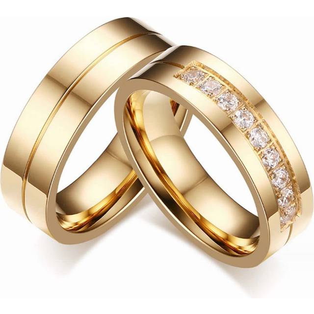 SHEIN 2pcs Couple Set K Gold Ring With Micro-Inlay Ring, Titanium Steel Ring, Korean Fashion Personality Titanium Steel Tail Ring, Elegant Diamond Ring. Per