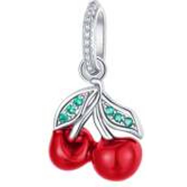 Silverpläterad berlock Cherry Fruit Series Diamond Red Pendant Charm Pendant Ball Lämplig för armband DIY Damsmycken (En-Storlek)