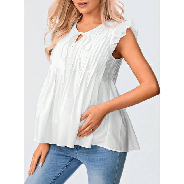 SHEIN Maternity Women Casual Round Neck Tied Bowknot Ruffle Sleeve Mushroom Hem Long Fitted Maternity Dress Top