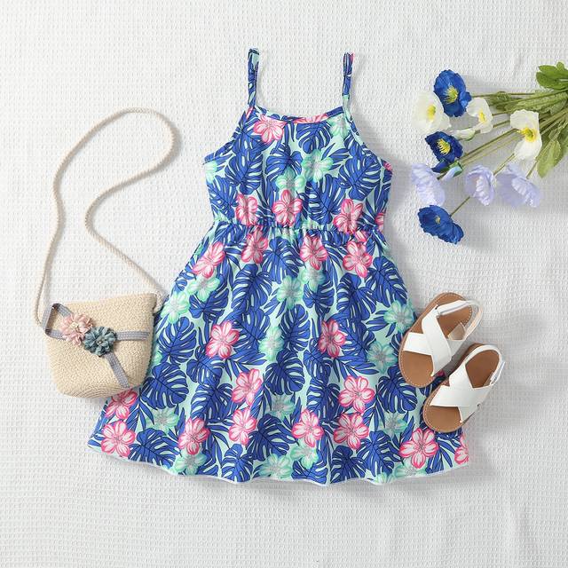 SHEIN Young Girl 1pc Fresh Leaves & Flower Print Spaghetti Strap Dress For Summer