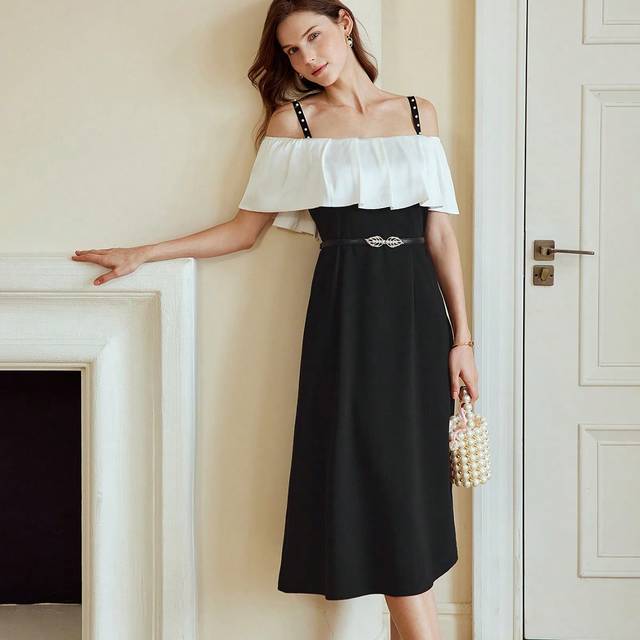 MOTF FAUX PEARL COLD SHOULDER CONTRAST RUFFLE TRIM DRESS