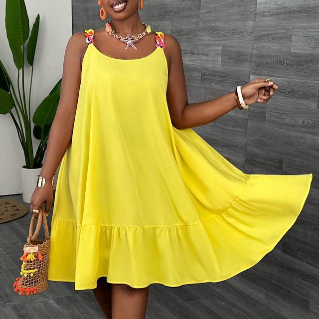 Slaydiva Plus Size Women&#39;s Casual Vacation Yellow Chain Strap A-Line Summer Dress