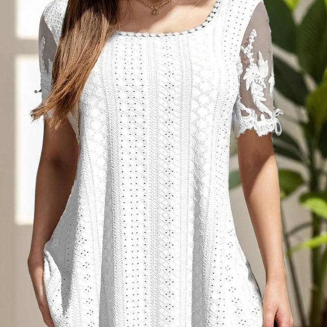 Perout Square Neck Embroidery Mesh Contrast Short Sleeve T-Shirt