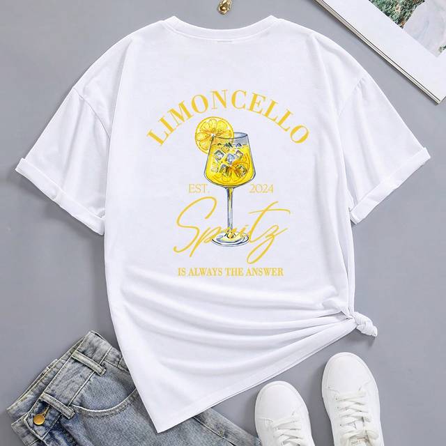 Grawell Loose-Fit Oversized Women&#39;s T-Shirt, Cocktail Limoncello Spritz, Summer LIMONCELLO EST 2024 Spritz IS ALWAYS THE ANSWER Graphic Tees Women Tops
