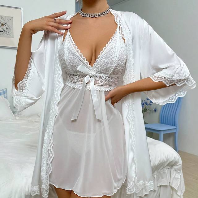 SHEIN Women&#39;s Solid Color Lace Patchwork Sleepwear Set Pajama Set, Including Camisole And Robe White Set