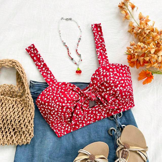 Soleia Women&#39;s Summer Vacation Red & White Polka Dot Knitted Slim Fit Crop Top With Front & Midriff Cut-Outs, Bow Tie Details