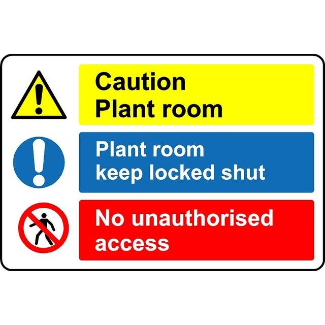 Caution plant room no unauthorised access safety sign - 1mm Plastic sign - 200mm x 150mm