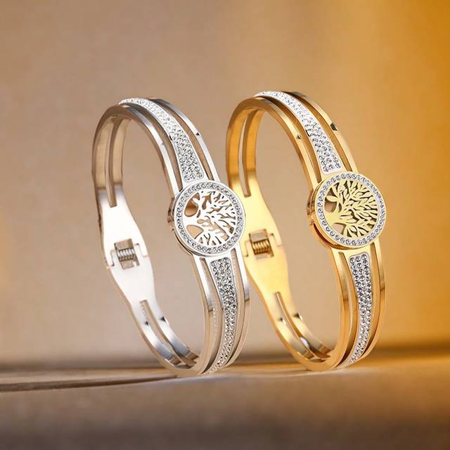 SHEIN 1pc 18K Gold-Plated Vacuum Plating 304L Stainless Steel Bracelet With Tree Of Life Design And Glass Drill, Suitable For Women&#39;s Daily Wear, Ins Style,