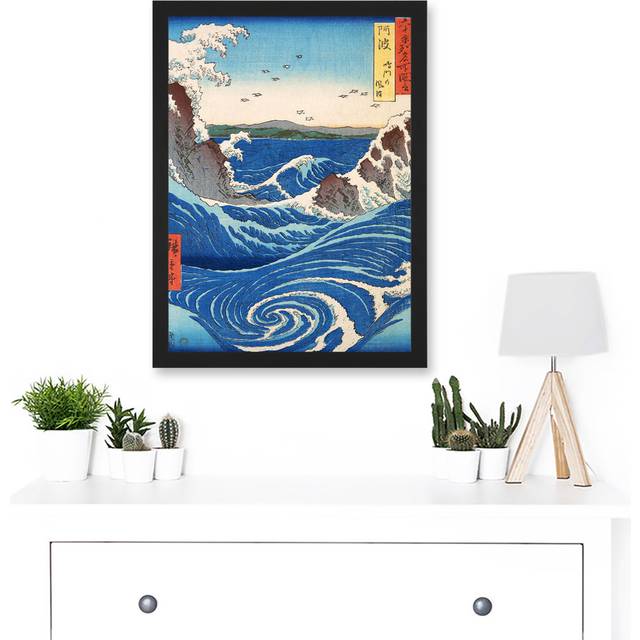 Naruto Whirlpool Awa Province Utagawa Hiroshige Japanese Artwork Framed Wall Art Print - Blue (44.5cm H x 33cm W x 1.5cm D)