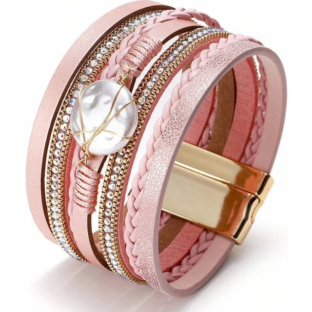 SHEIN 1pc European And American Style Pink Handmade Braided Zinc Alloy & Pu Leather Bracelet For Women, Fashionable Commute